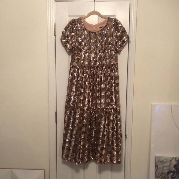 ANTHROPOLOGIE "Maeve" Rose Gold Sequin Tiered Midi Dress - Picture 5 of 12